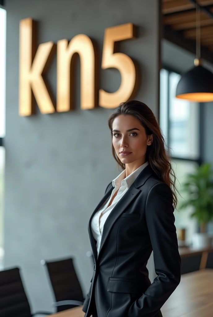 Businesswoman inside a company with my name written on the wall without changing any letters "KN5 KevenSouza" in high relief