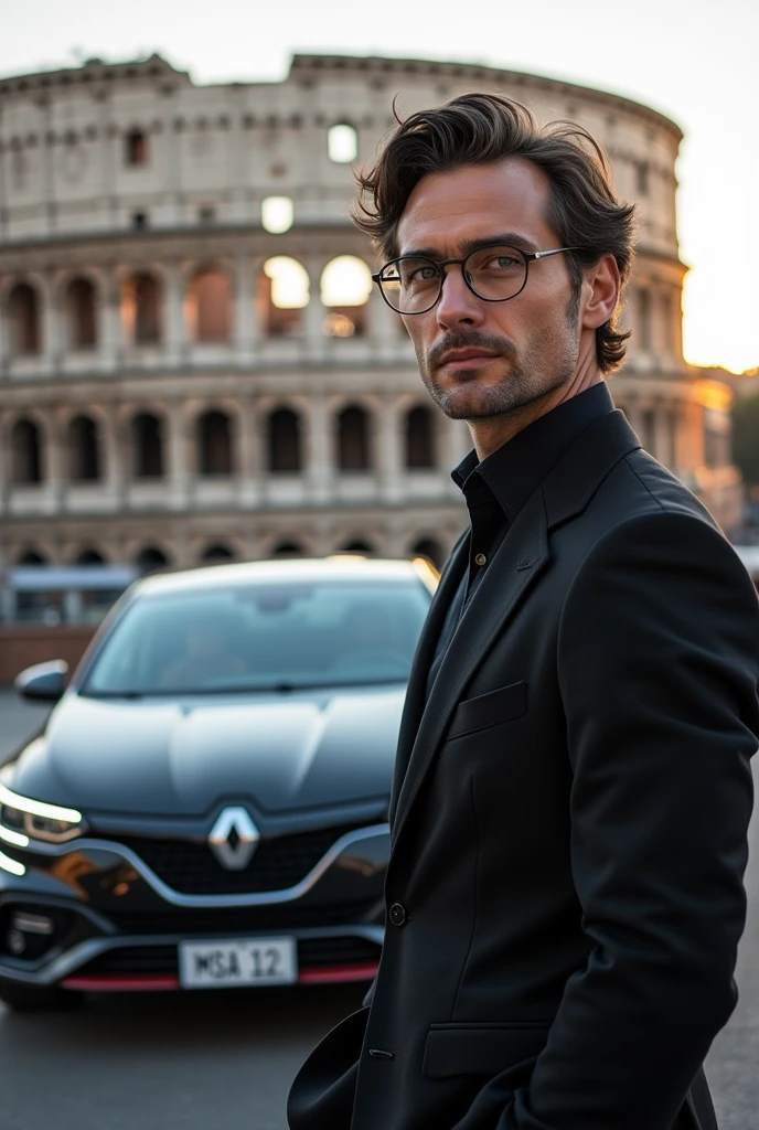 A thin white French guy with blue eyes and brown hair and round glasses near the Colosseum in Italy with a Megane 4 RS ( Renault sport ) trophy de 2017 ???? phase 2 avec un aileron la Clio a un avant avec des damiers en feux de brouillard