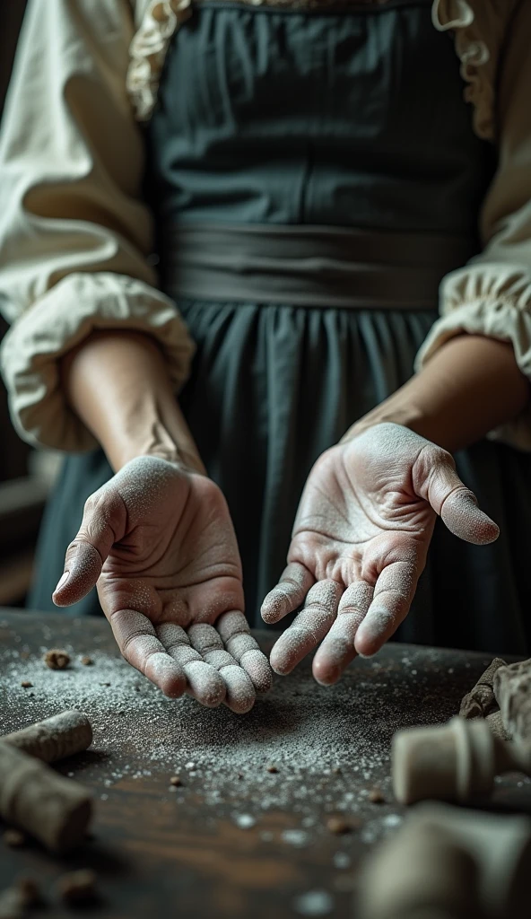 Close-up of a single worker's hands - stained and covered in white phosphorus dust, late 19th century - wearing a simple dress with frayed edges - in a cluttered factory environment with chemicals and tools in the background - showing signs of toil and exposure - close-up shot, photo realism, cinematography.