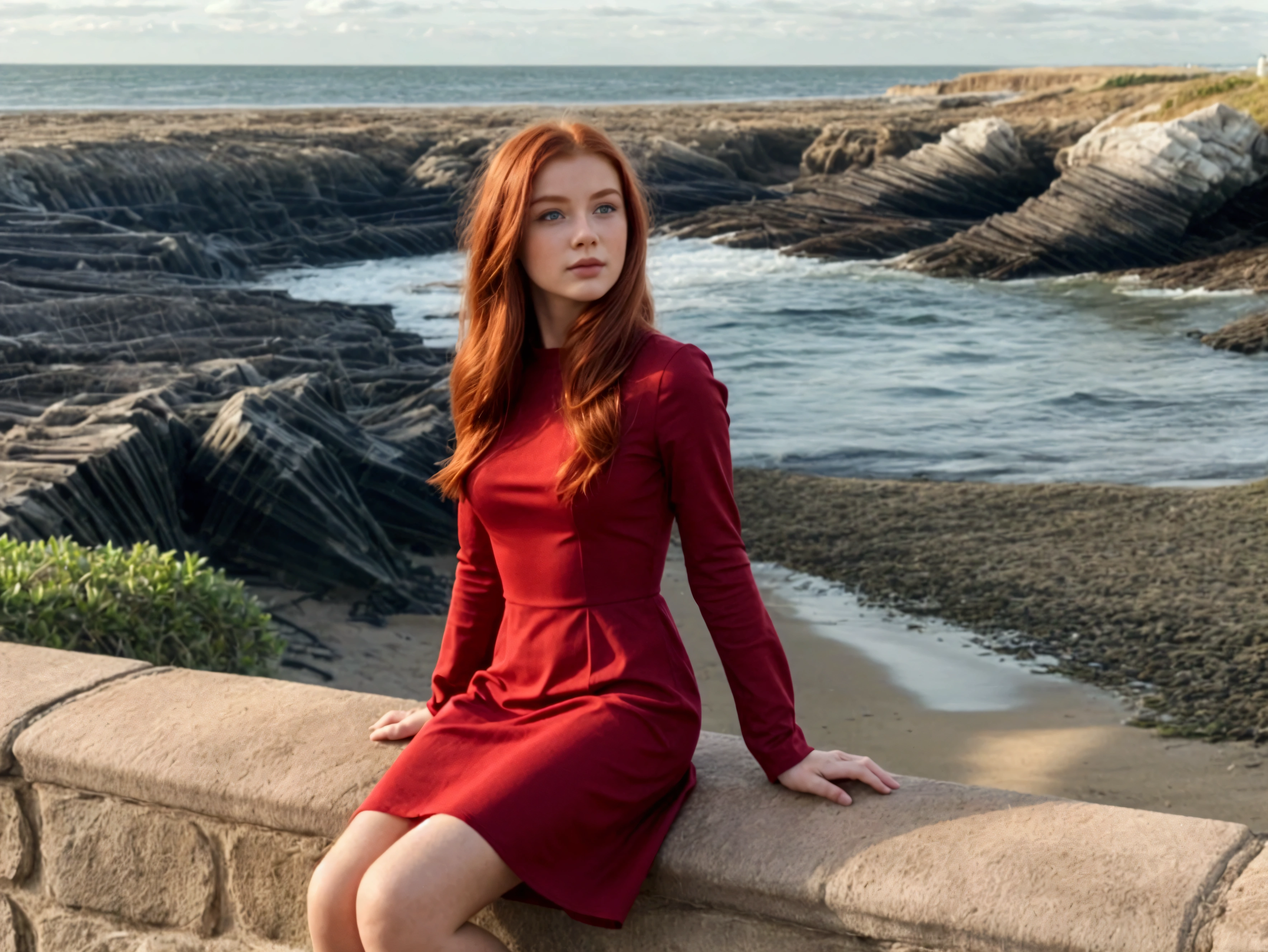 realistic young redhead woman wearing a short dark red dress with long sleeves sitting at a seaside landscape