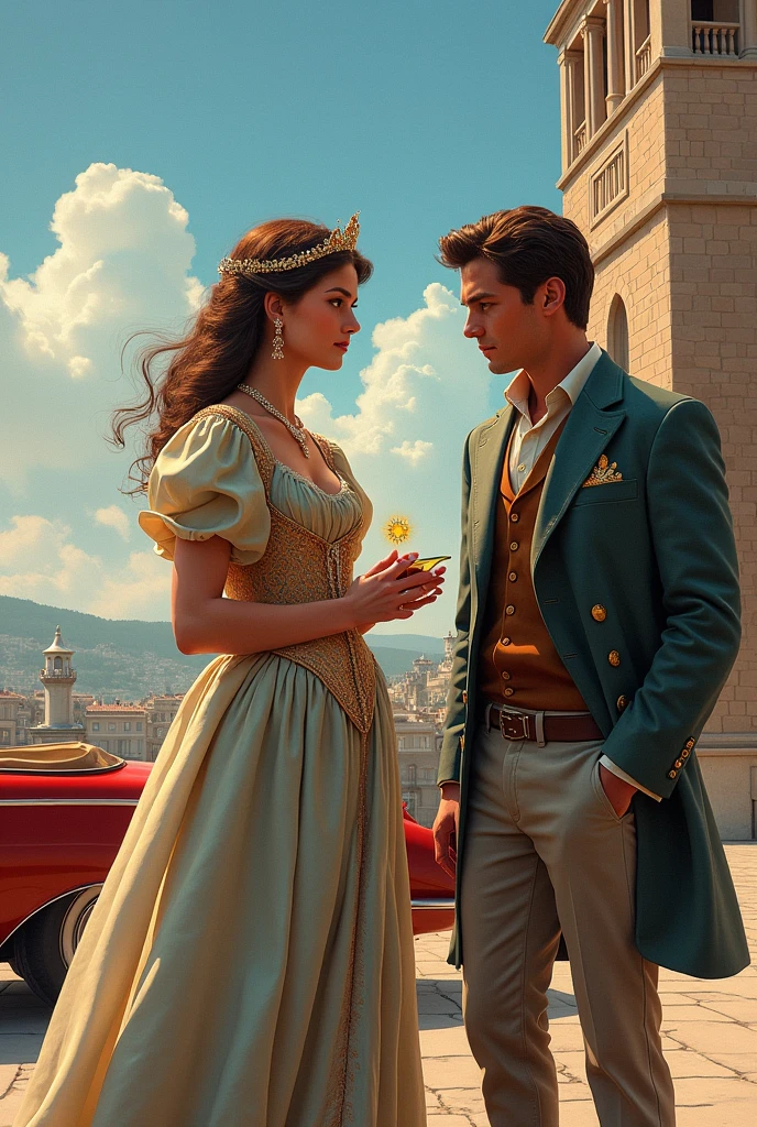 Create for me the cover of my book A Princess in Turkey. Put the title in Brazilian Portuguese and my name as the author Kelly Ramos. Add a building in the background to the cover of the book, a convertible car, a princess dressed in dresses from around 1910 with a magic ring in her hand, and a man dressed in casual clothes. A handsome, masculine man holding a cell phone talking in his ear. Make the image as human as possible, very realistic.