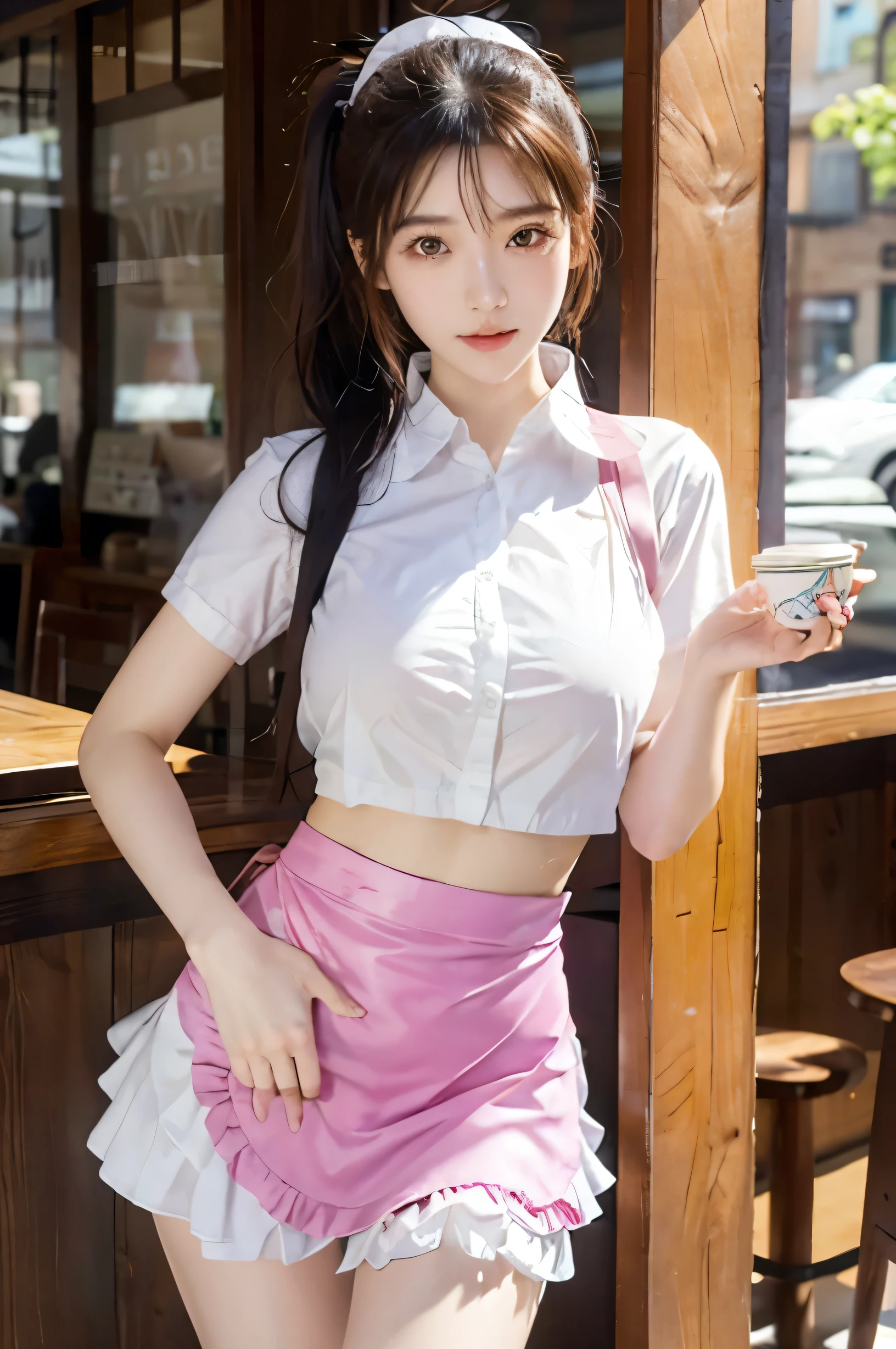 (Ultra HD), (Looking at me), (The whole body is shown), (Pink waitress:1.2, Apron with white frills), Big Breasts, Beautiful breasts, slender, Narrow waist, (Thin legs:1.2), (Thin thighs:1.2), (Thin Hips:1.4), (Beautiful Skin, Shiny skin, White skin), (Super slim face, Super beautiful face, No makeup, smile:0.6), (ponytail, Layered Cut, Fluffy hair), (double eyelid, Slanted Eyes), Small Nose, Thin lips, Are standing, Coffee shop