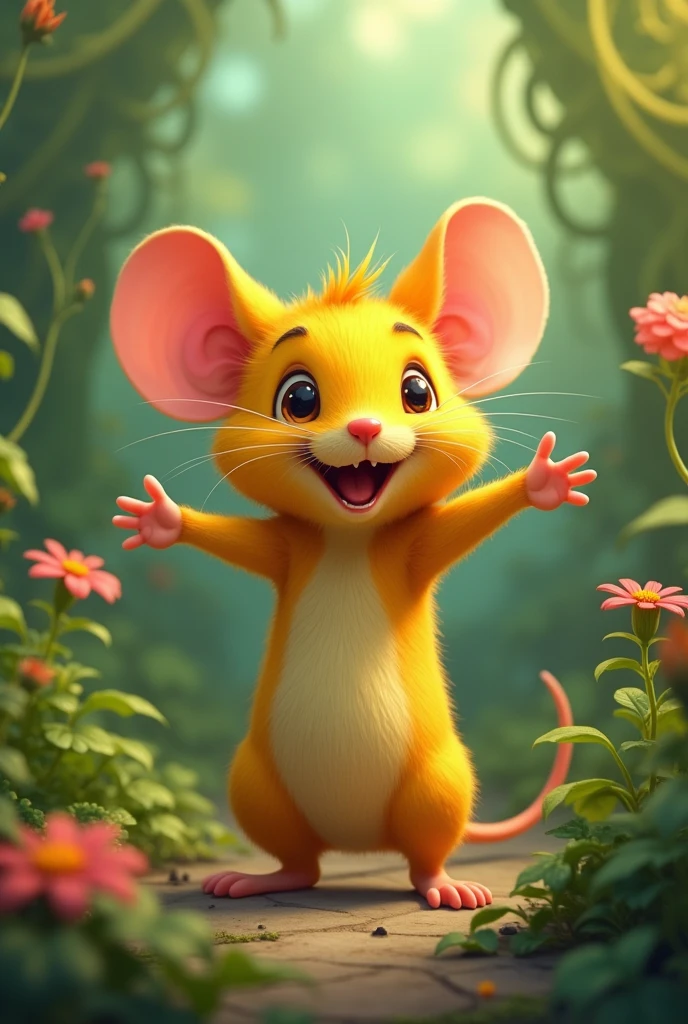 There is a yellow colored mouse which is standing and spreading both its hands and feeling the nature.