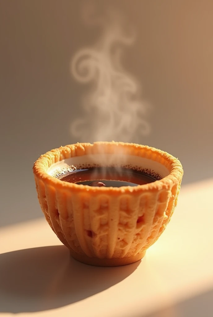 A very hot coffee, in an edible cookie or waffle cup