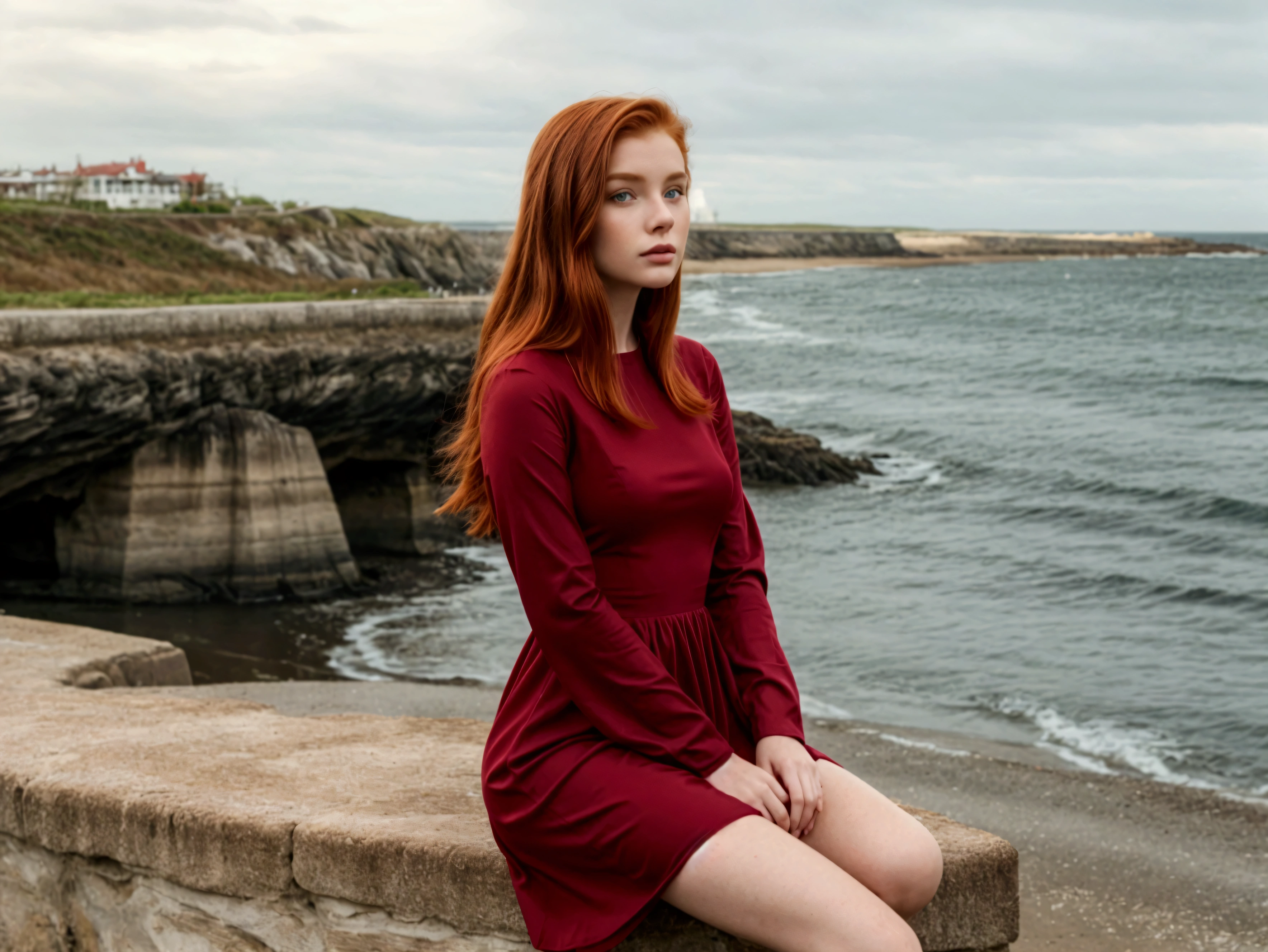 realistic young redhead woman wearing a short dark red dress with long sleeves sitting at a seaside landscape