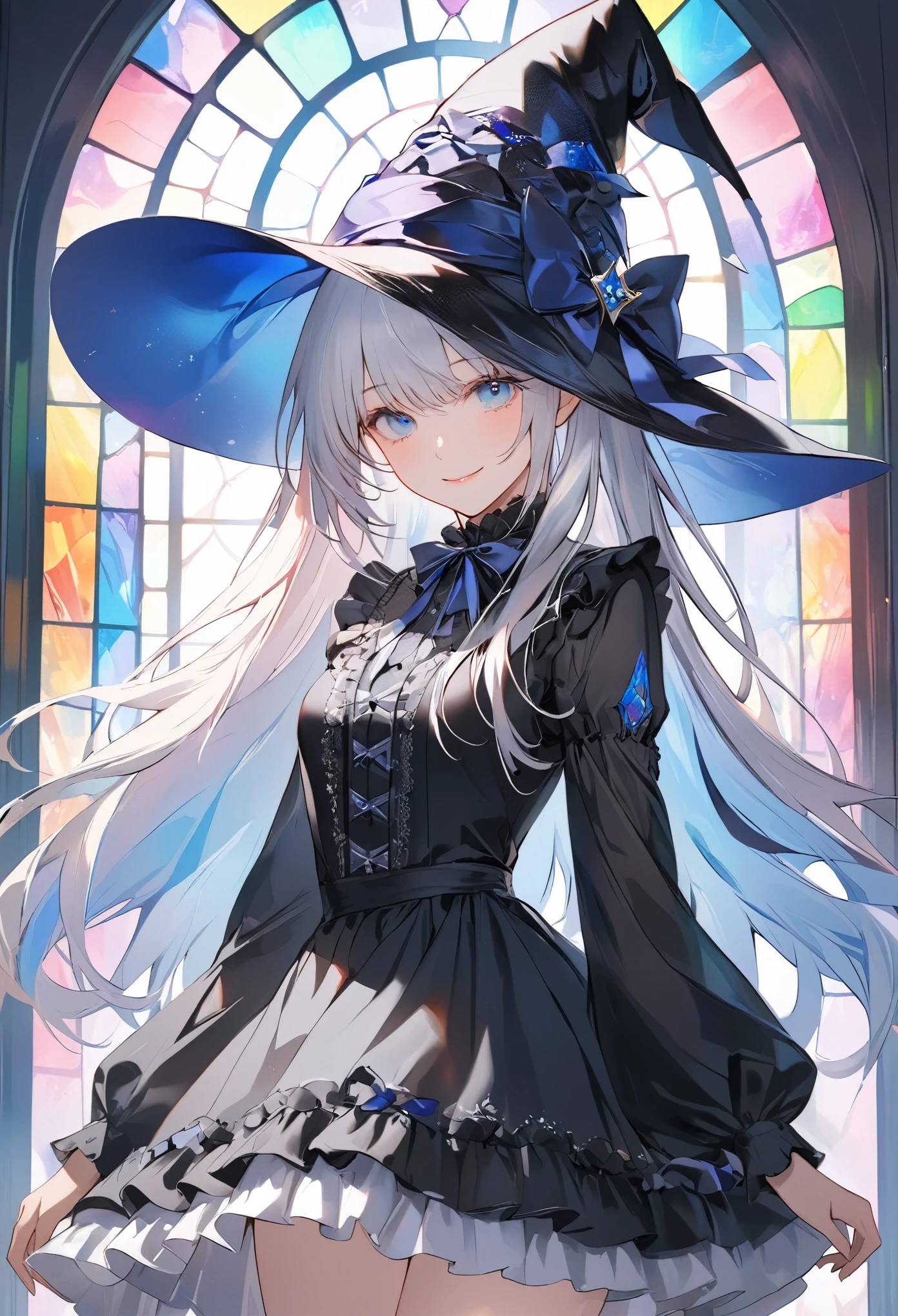 (transparent blue theme art),(top-quality),(masterpiece),(cowboy shot:1.5),((arms behind side)),Silky to the touch,Hyper Detail,(1 girl),(solo),Delicately drawn face,girl with a pretty face,beautiful detailed transparent blue eyes,beautiful detailed black witch hat with white ribbon ornament,beautiful detailed pastel black lolita witch fashions with ruffles,((pastel skirt with ruffles)),((Long sleeve white and black costume)),(Beautiful silky white hair:1.3),pale skin,a beautiful transparent illustration,pastel black theme,beautiful smile,frontal face,soft gradient,((standing in front of pastel glass art wall)),(((stained glass is colorful pastel)))