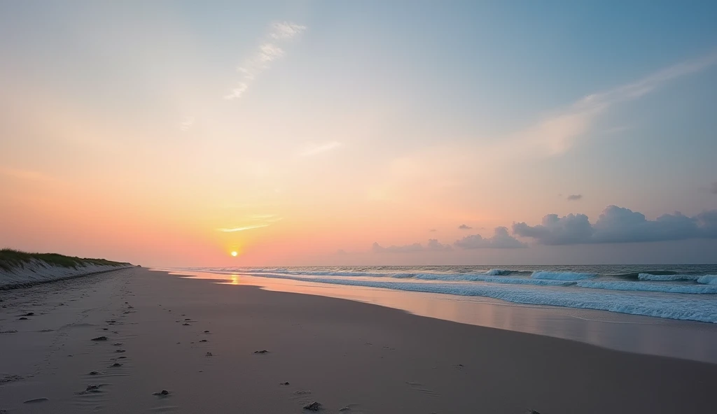 A quiet beach scene at sunrise, with the sky displaying very faint clouds scattered lightly across the horizon. The clouds are subtle, allowing the warm colors of the sunrise to gently filter through, creating a calm and tranquil atmosphere.