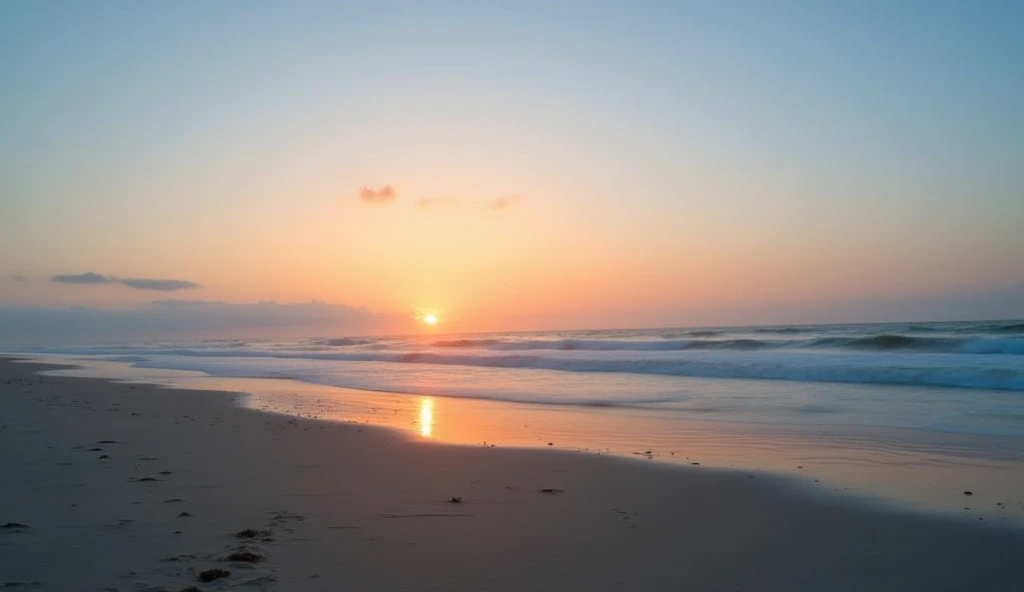 A quiet beach scene at sunrise, with the sky displaying very faint clouds scattered lightly across the horizon. The clouds are subtle, allowing the warm colors of the sunrise to gently filter through, creating a calm and tranquil atmosphere.

