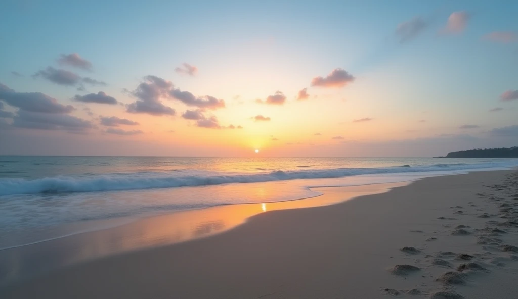 A quiet beach scene at sunrise, with the sky displaying very faint clouds scattered lightly across the horizon. The clouds are subtle, allowing the warm colors of the sunrise to gently filter through, creating a calm and tranquil atmosphere.