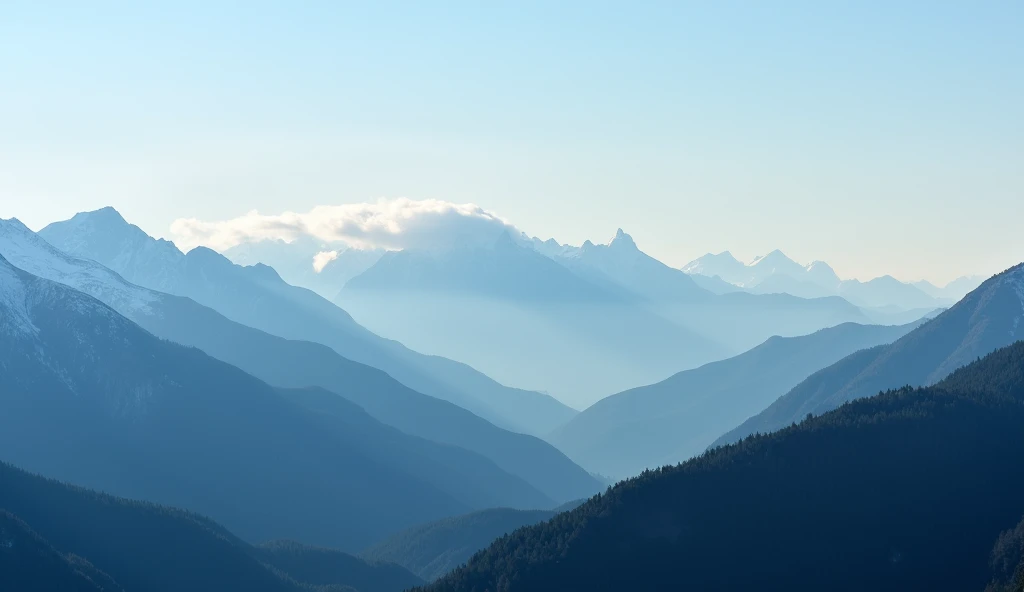 An early morning mountain landscape with very faint clouds hovering above the peaks. The clouds are barely visible against the clear sky, allowing the morning sunlight to highlight the crisp details of the mountains below.
