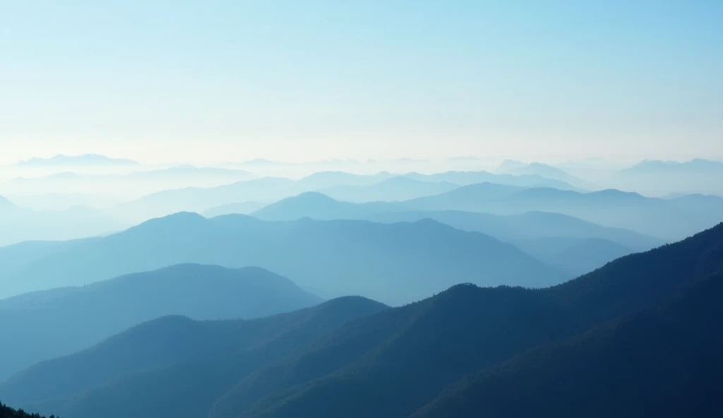 An early morning mountain landscape with very faint clouds hovering above the peaks. The clouds are barely visible against the clear sky, allowing the morning sunlight to highlight the crisp details of the mountains below.
