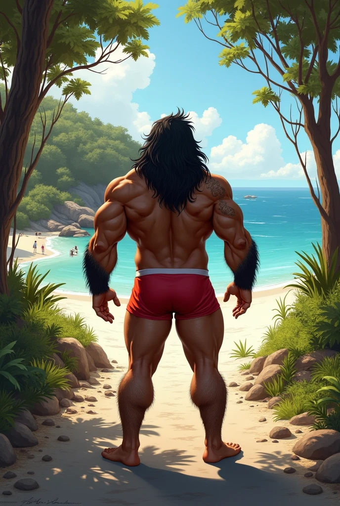 There is a strong, hairy, bearded, very hairy mixed-race man in red underwear at the end of a paved road with woods on both sides with a view of a white sand beach with several people on the edge of a brown water lagoon..
