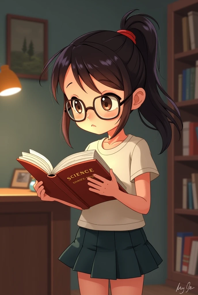 A town young girl with specs and tied hair in a ponytail wearing tshirt and mini skirt. Reading a science book in a room