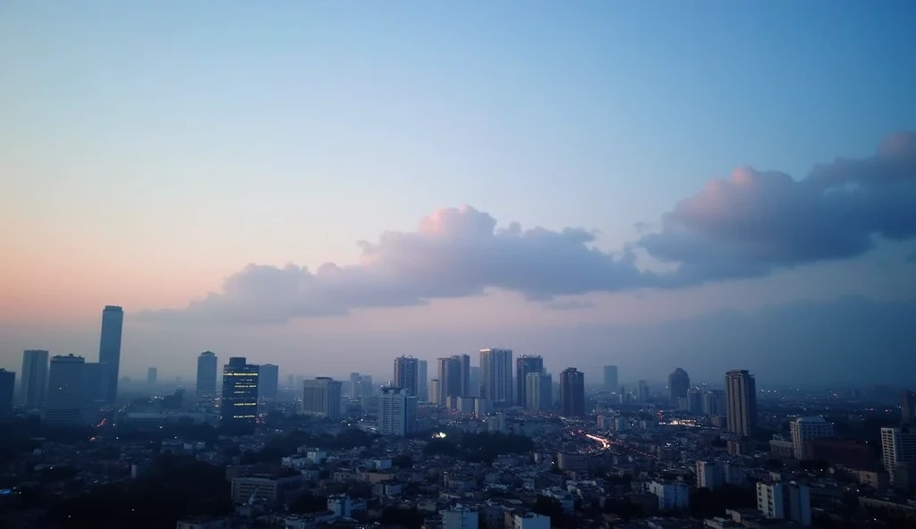 A cityscape at dusk, with very faint clouds lingering in the evening sky. The clouds are light and almost indistinguishable, softly illuminated by the fading sunlight as the city lights begin to twinkle below.