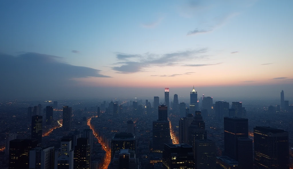 A cityscape at dusk, with very faint clouds lingering in the evening sky. The clouds are light and almost indistinguishable, softly illuminated by the fading sunlight as the city lights begin to twinkle below.
