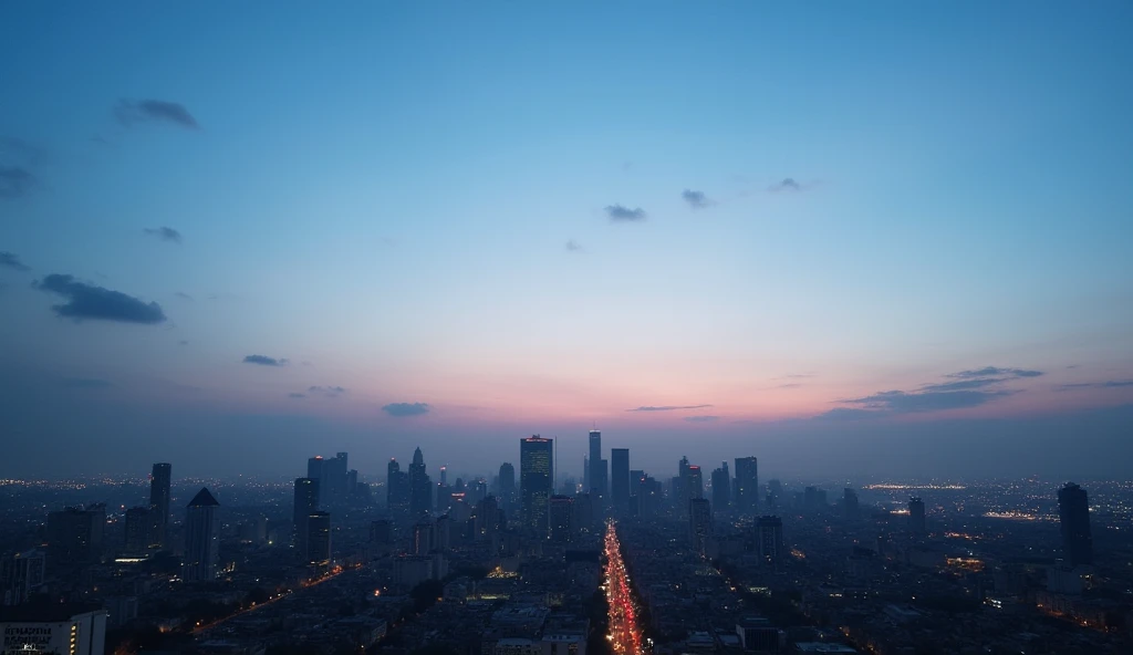 A cityscape at dusk, with very faint clouds lingering in the evening sky. The clouds are light and almost indistinguishable, softly illuminated by the fading sunlight as the city lights begin to twinkle below.