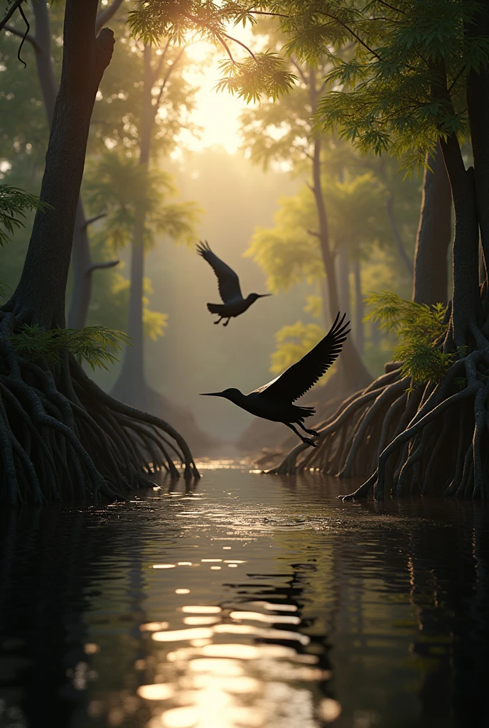 Photorealism 1.4 realistic realism high detailed definition  mangrove swamp two  bird flying around  black water  sunlight silhouette 