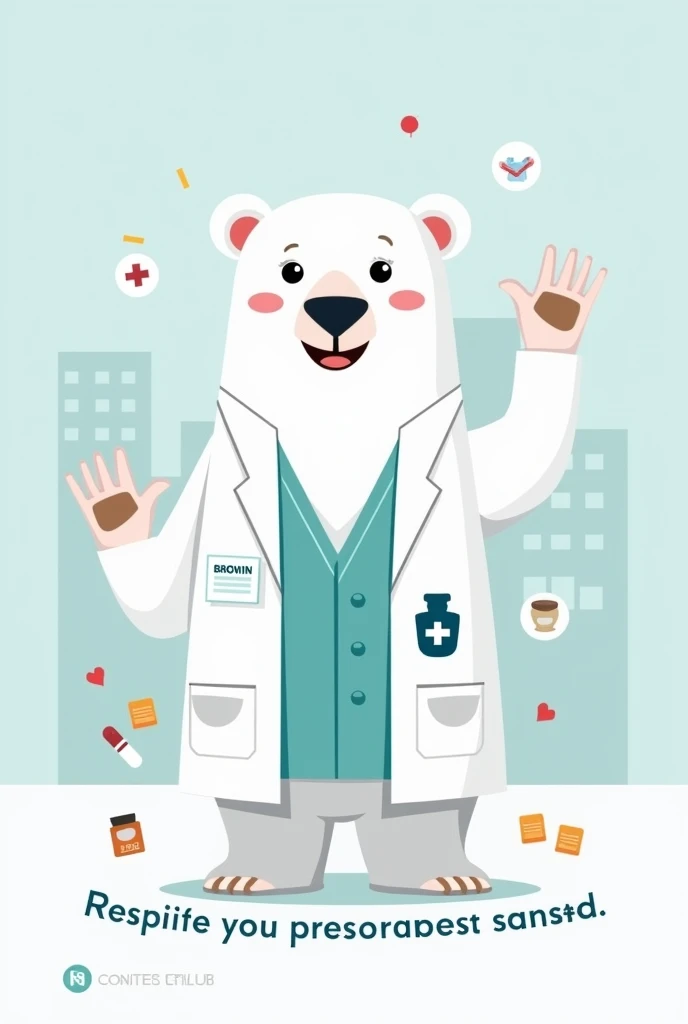 I want an infographic for rational use of medicines in a hospital, a short image to place 3 lines of information, I just want a picture of a polar bear that represents the rational use of medicines, I want the polar bear with a pharmacist's coat and as a cartoon character, something like a mascot of the pharmacovigilance program, I want the bear in a position that tries to say "Remember to prescribe your medications correctly", I also want this phrase to be included in the image, give me several images