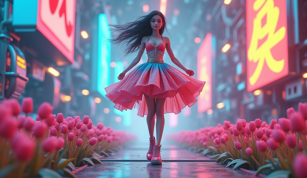 (3d,Mechanical feel,cute,ais-scrapyrd 1girl,tulip),(Use a wide-angle lens to capture whole body images:1.9),(masterpiece:1.1),(Highest quality:1.1),(HDR:1.0),Ambient Light,Ultra high quality,(Ultra-detailed original illustrations),(1 Girl,whole body),(Rainbow tulip flower skirt),(Slender thighs),(Shoes made from tulip flowers: 1.5),((Harajuku Fashion)),((Flowers with human eyes,Eye disease)),Double Exposure,Fusion of Fluid Abstract Art,Fault,(Original illustration composition),(Limited color blending,Extreme art style,Geometric artstyle), , Colorful neon lights,High-tech mechanical parts,Metal body,(Detailed vibranium tulip flower design:1.9),Vibrant colors,Dynamic luminous tulip flowers,Reflective metal surface,Bright environment,Dynamic poses,Exquisite existence,Skills Improvement,Interlocking mechanical gears,Stylish design,motion blur effect,Detailed metal treatment,Sci-fi atmosphere,Streamlined aerodynamic shape,Laser scanning pattern,Holographic projection,LED light track,Beautiful and unforgettable,Advanced sensors,Complex algorithms,Ominous and mysterious atmosphere,Electric Spark,Shiny chrome,Propulsion systems of the future,(Best quality,8k,high resolution,masterpiece:1.2),Super detailed,(whole body:1.8), magazine photography,A cute girl image,Popular on social platforms,((Dopamineism)),(((Dopamine color matching))),Dopamine,(in the style of Y2K),Luo Erchun,3D Antique,Oriental poetry and painting
