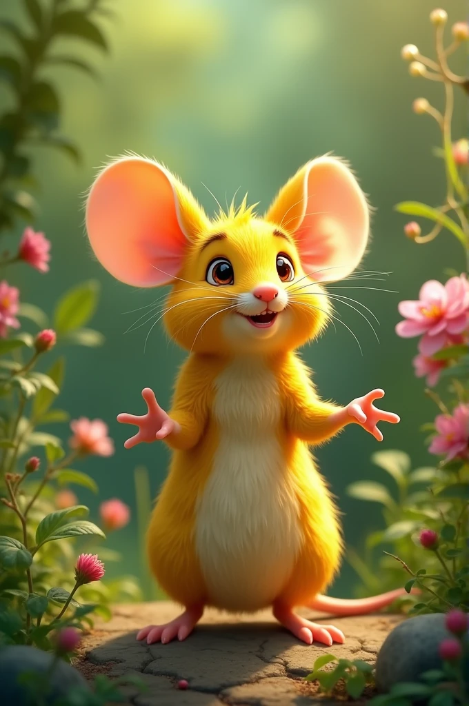There is a yellow colored mouse which is standing and spreading both its hands and feeling the nature.