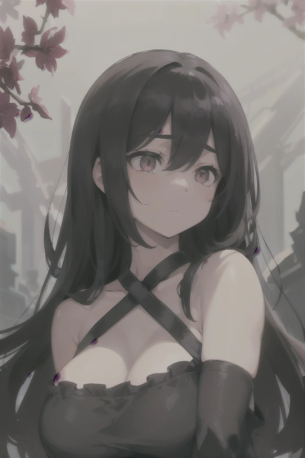 [[[masterpiece, ultra-detailed, best quality,]]] (masterpiece2.1), woman, portrait, black hair, tied-up hair, purple eyes, necromancer, snowy stream forest background, bandages wrapped in back, bandages on warm, fit body, smirking, blushing, submerged in water,  back turned, visible white scars. no clothes, naked