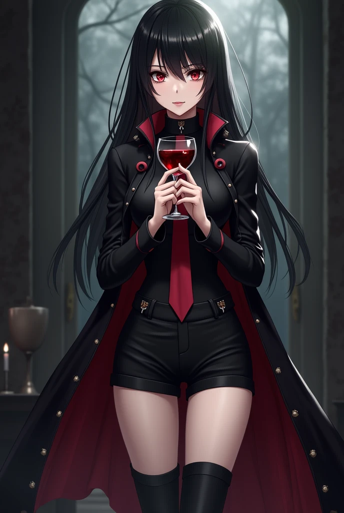 Mikasa Ackerman holding a glass of wine in her hands in black short shorts, gothic style, black boots, anime