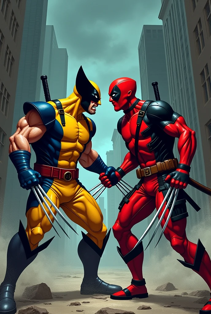 Cartoon deadpool and classic wolverine from marvel action scene