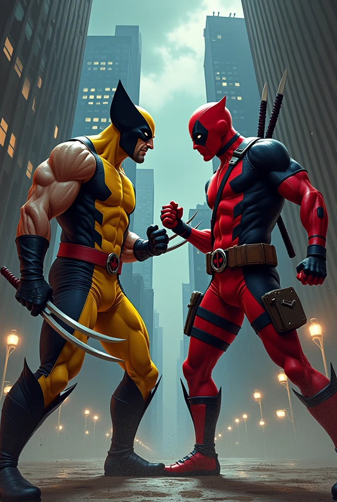 Cartoon deadpool and classic wolverine from marvel action scene