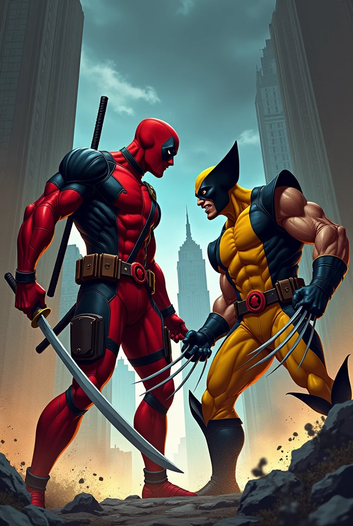 Cartoon deadpool and classic wolverine from marvel action scene