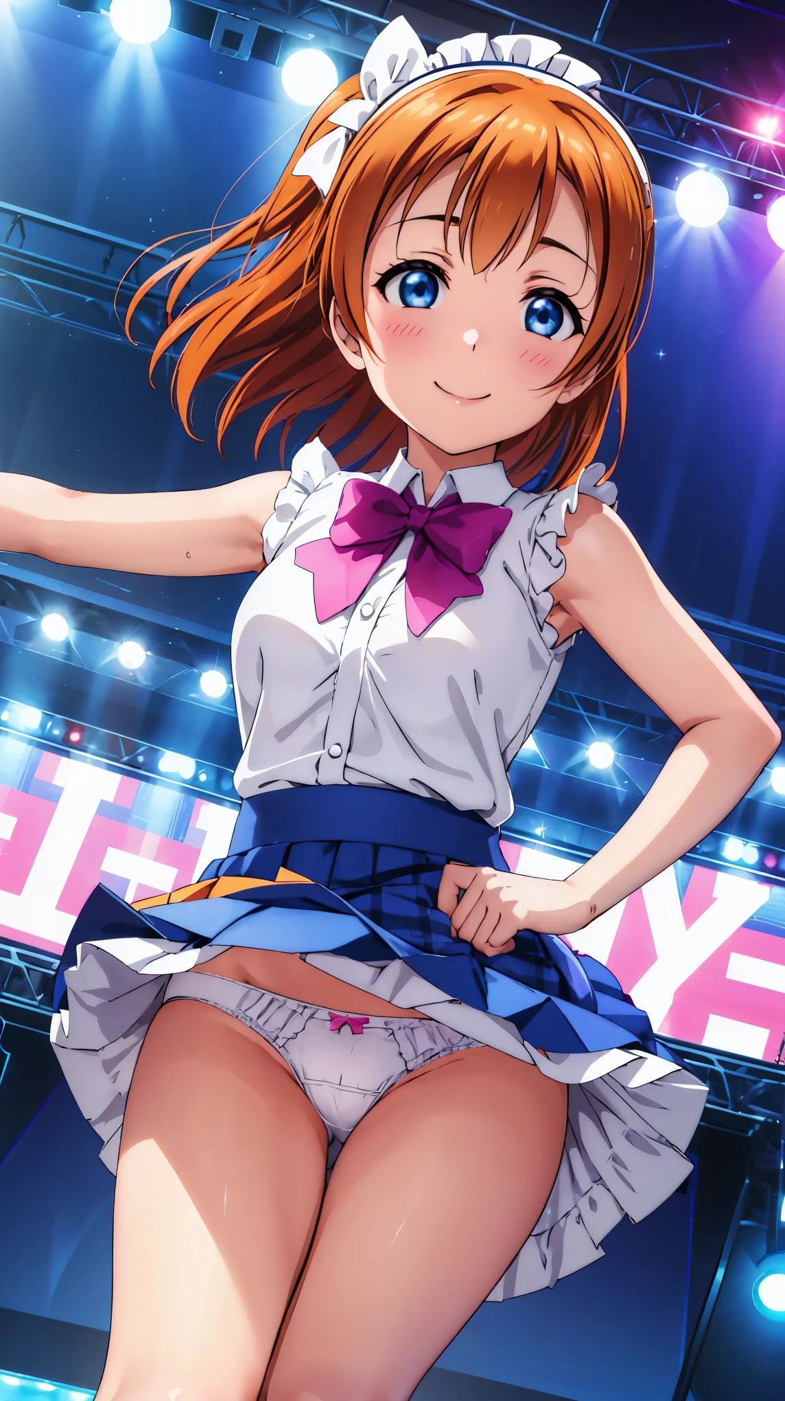 (((Pixel perfect, perfect detail))), (((Underskirt angle view, panties visible,))), solo, solo girl, Honoka Kosaka, (idol costume: 1.0), (****ta fashion: 1.0), viewer's point of view, smiling, μ's, Love Live! stage, singing, (tuck skirt 1.3), (white panties: 1.3), (panties with ribbon), (ruffled panties: 1.3), (fullback panties: 1.3), (low angle), blue eyes, orange hair, one-side up hair, short hair, (spread legs: 1.0)