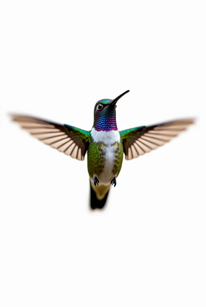 Create a 3d hummingbird on a white background with open wings facing forward 
