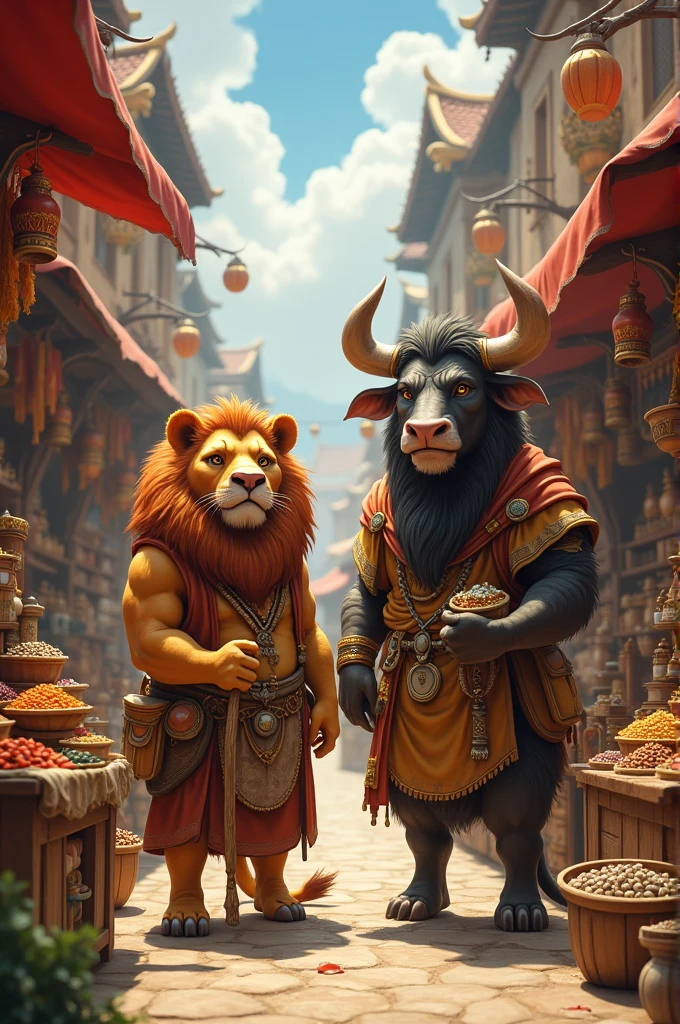 The lion and the bull sell things and become rich 