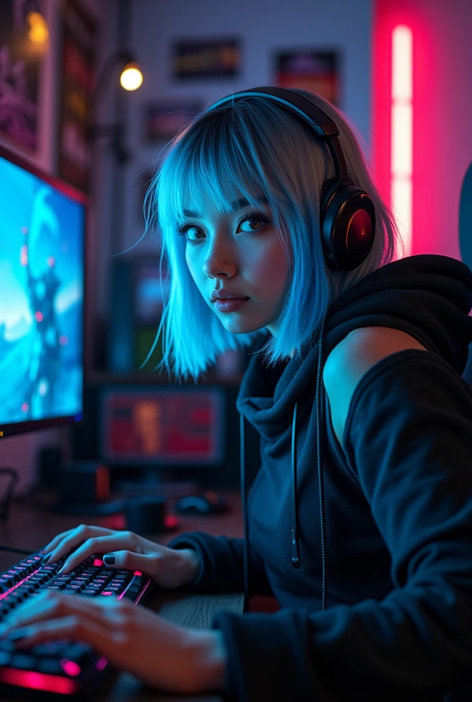 She look at camera, A beautiful and sexy 25 yo girl with an edgy silver and black bob haircut, big breast, her eyes shone with the bright light of the high-resolution computer screen. He was deeply involved in the fast-paced, futuristic cyber game, his fingers nimbly dancing across the keyboard as if it were an extension of his own mind. The sleek black frame of his gaming setup contrasts sharply with the electric blue streaks in his hair, which seem to reflect the digital world he's immersed in. Her skin-tight outfit was a mix of comfort and style, wearing a matching colorful gaming chair and a bright metallic-accented sleeveless hoodie that complemented her hair color scheme. The backdrop is a mix of dim lighting and colorful neon accents, creating an atmosphere of intense focus and digital escapism. The room is full of posters of his favorite games, shining in the dim light, and various gaming paraphernalia, showing his love for cyberspace. His concentration was evident as he strategized, his eyes flickering between the screen and the complex game controls before him. The scene is a dynamic portrait of a cyber gamer in his element, a modern warrior navigating the digital battlefield with skill and grace.