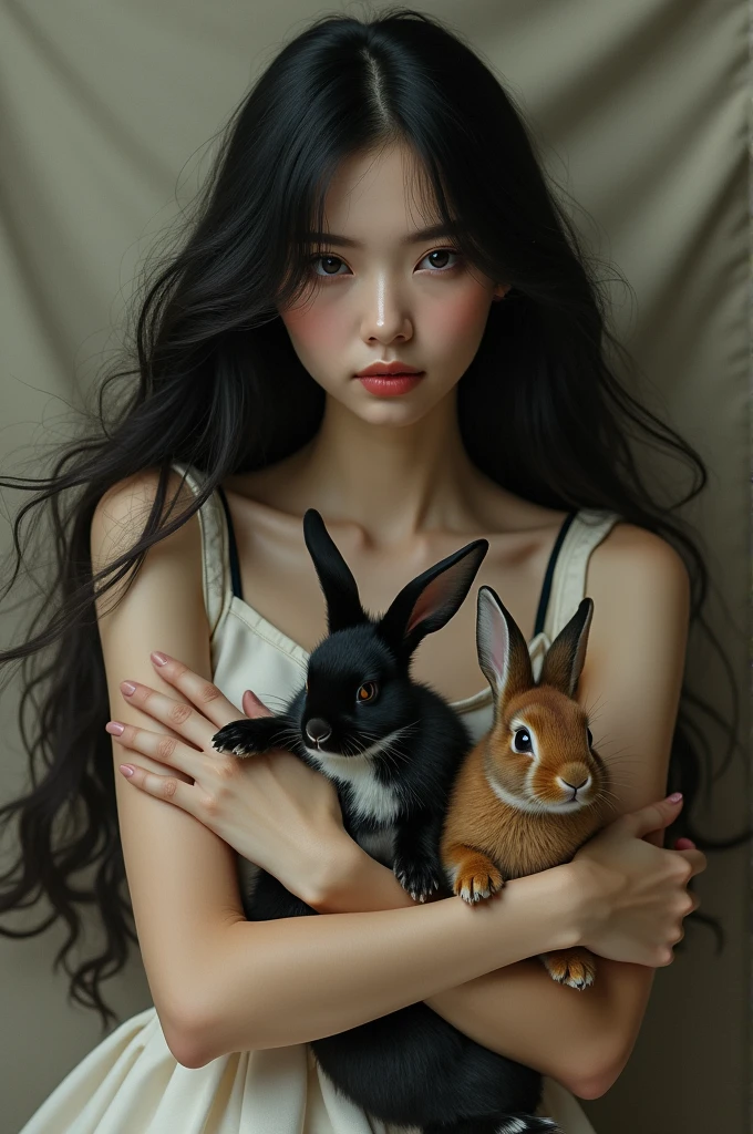 A woman with black hair and a black and white bunny and another brown rabbit