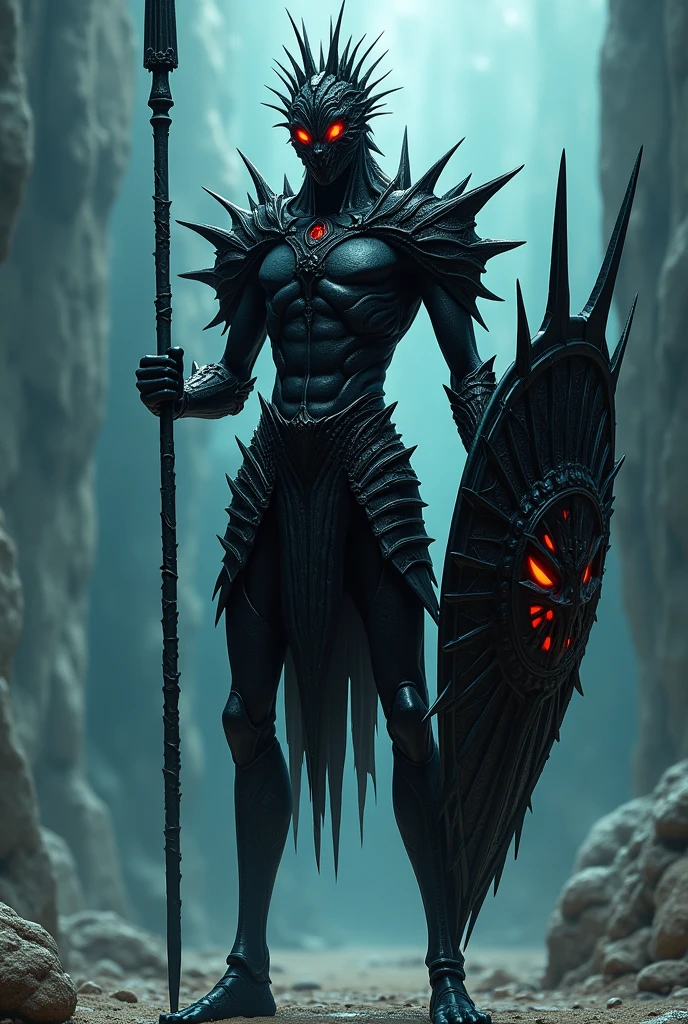 warrior with spear, humanoid appearance, shield, Fins on the arms and legs, armor with spikes similar to sea creatures, helmet, yugioh style, black armor and helmet, sea creature, without syrup, thin and not very muscular body, armor over the entire body, the armor must be black, must have red eyes and fins on the arms and fins on the legs, warrior of atlantis, fish fins are located in the forearm and calf region. The helmet resembles the head of a seahorse