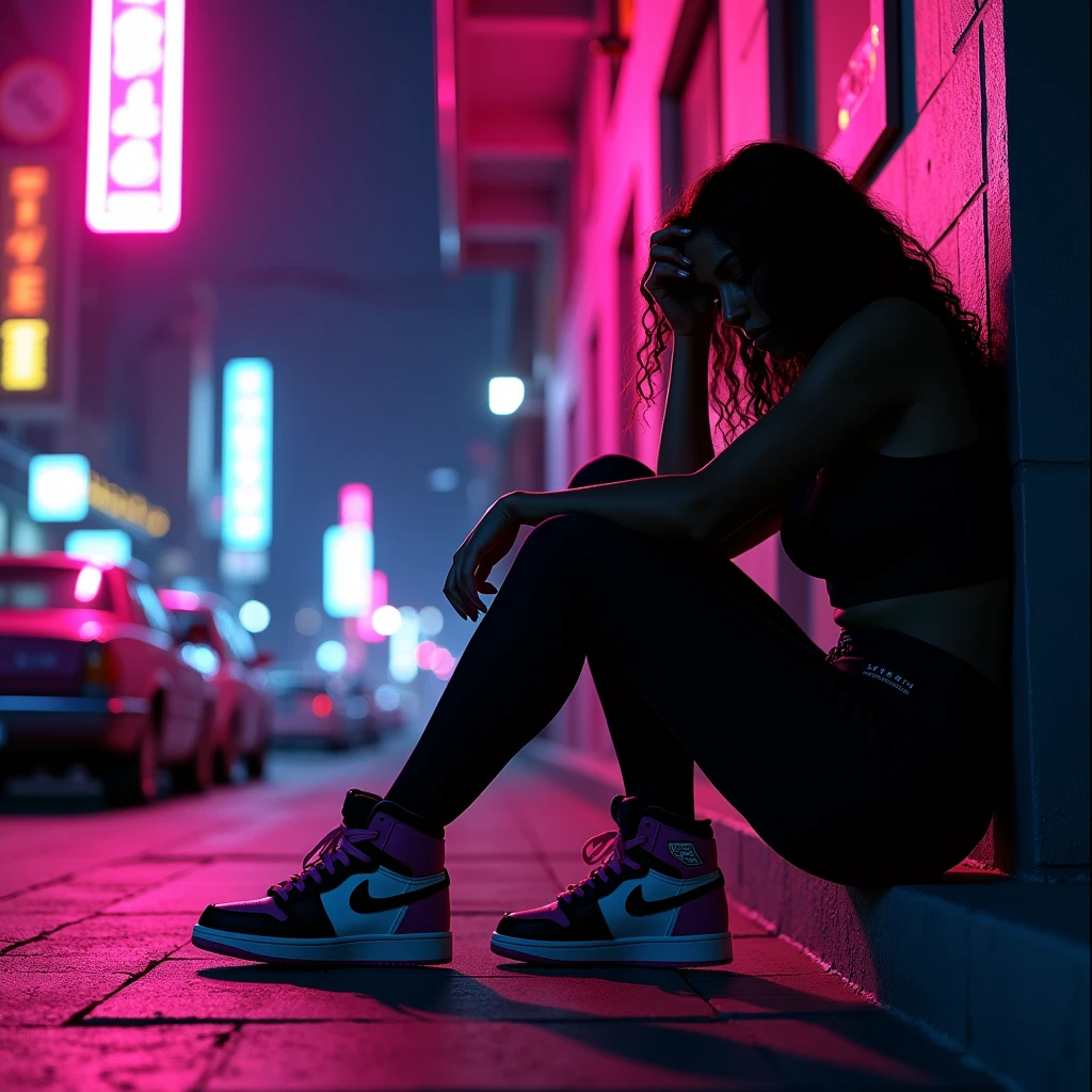 Black shadow of a woman sitting on the sidewalk showing her cartoon style hip hop shoes, Vice City GTA, pink and blue street background (view from below)