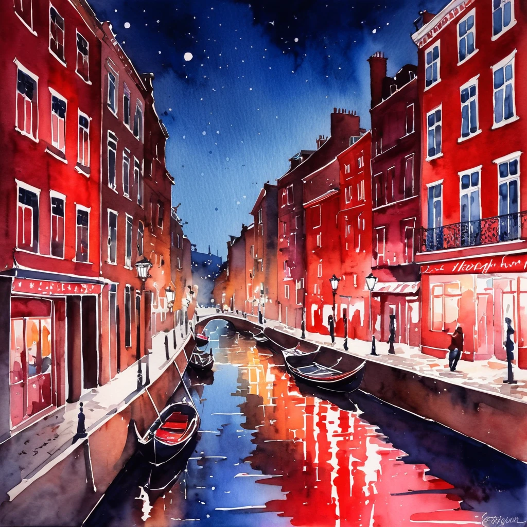 best qualityer, very well, 16K, delicate and dynamic, excellent watercolor landscape painting, A beautiful red light district at night, modern and retro, pop and classical, new and old, learning from the past, (magnificent view:1.7) , (Watercolor techniques, bleeding, Tiered, dry brushing, crepitus, gotejamento, Gradation, to clean)