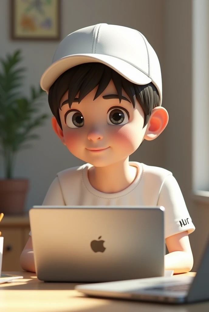 

A 3d realistic 20-year-old boy in a room . He setting laptop table and he is looking camera He is wearing white clothes with a cap, and the name Nur is written on the back.art