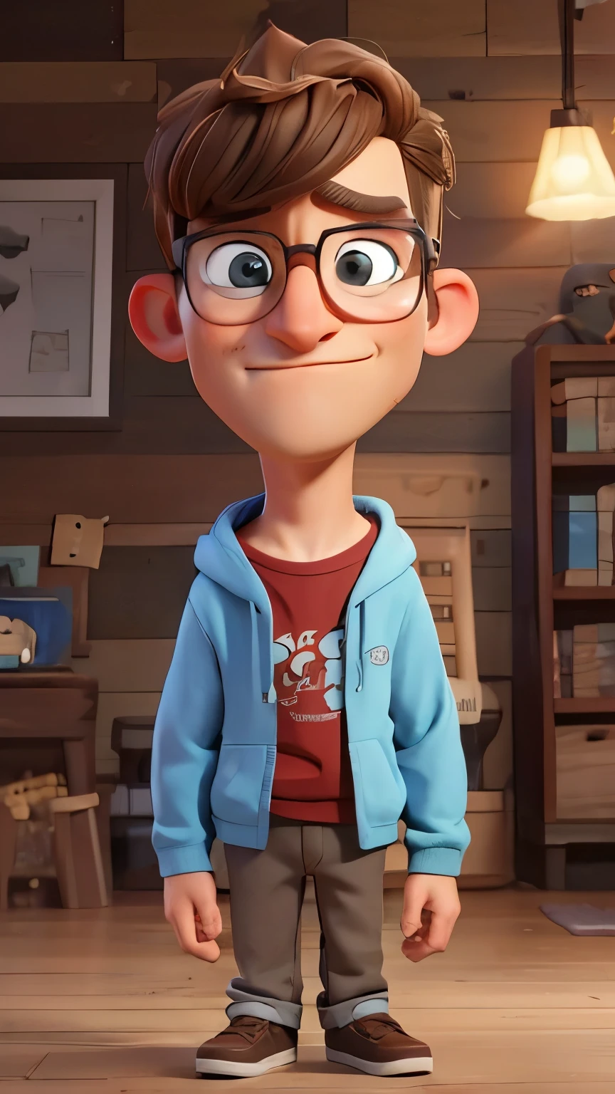 Generate a character design for a young adult male named 'Chuck the Overthinker.' Chuck is slightly nerdy and often overthinks everything. He has a quirky, laid-back style, wearing casual, slightly messy clothes like a t-shirt, hoodie, and pajama pants, along with fun, colorful socks. He might wear large glasses that give him a thoughtful yet confused look. Chuck has a friendly, approachable face, with exaggerated facial expressions, such as furrowed brows or raised eyebrows, to convey his constant state of over-analysis. Add a signature accessory, like a hat with a funny phrase, or a simple item like a coffee mug that says ‘Overthinking in Progress.’ The overall tone should be humorous and relatable, capturing Chuck’s endearing, slightly awkward personality.