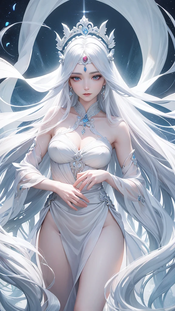 a beautiful goddess of beauty, long flowing hair, flawless porcelain skin, elegant posture, regal headdress, flowing white dress, delicate facial features, serene expression, surrounded by ethereal light, subtle color palette, atmospheric lighting, photorealistic, 8k, ultra-detailed, intricate detail, masterpiece, concept art