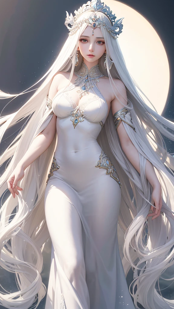 a beautiful goddess of beauty, long flowing hair, flawless porcelain skin, elegant posture, regal headdress, flowing white dress, delicate facial features, serene expression, surrounded by ethereal light, subtle color palette, atmospheric lighting, photorealistic, 8k, ultra-detailed, intricate detail, masterpiece, concept art
