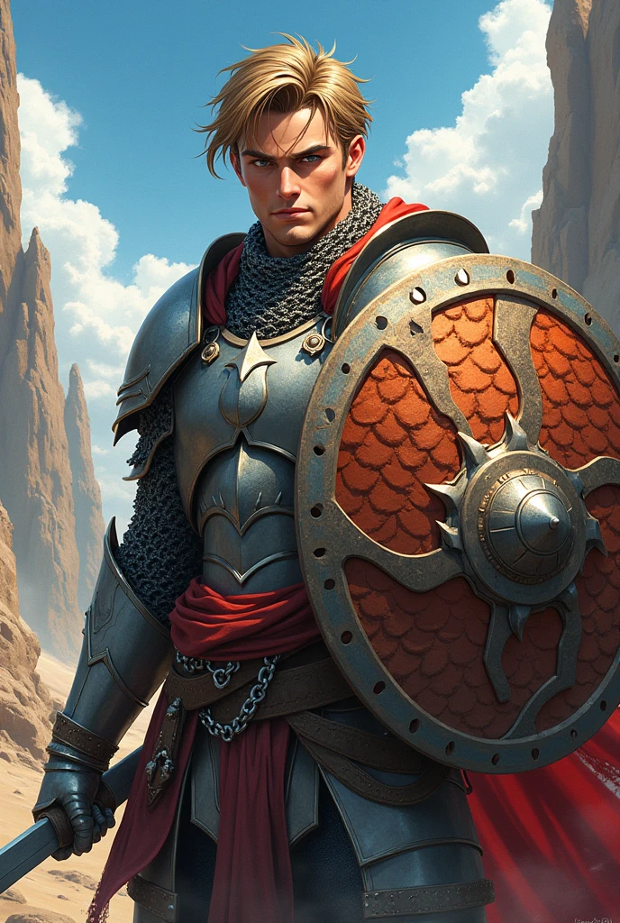 Strong anime man with light brown hair and dark brown eyes, wearing chainmail and holding a dragon scale shield