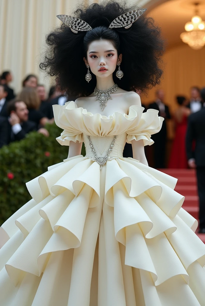 Black big hair white skinned bee girl in white big princess dress at met gala with silver necklace with elegant earrings