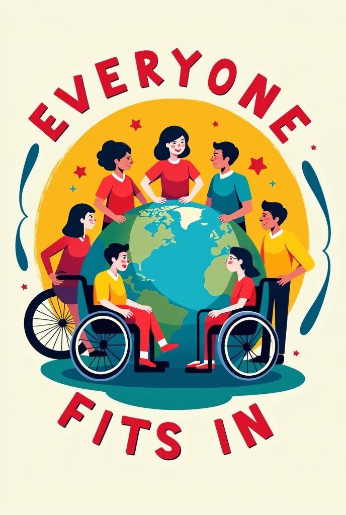 I would like a simple image showing a globe with the phrase 'Everyone fits in' written around it and 5 people each representing a disability., wheelchair user, the main one being visual impairment.