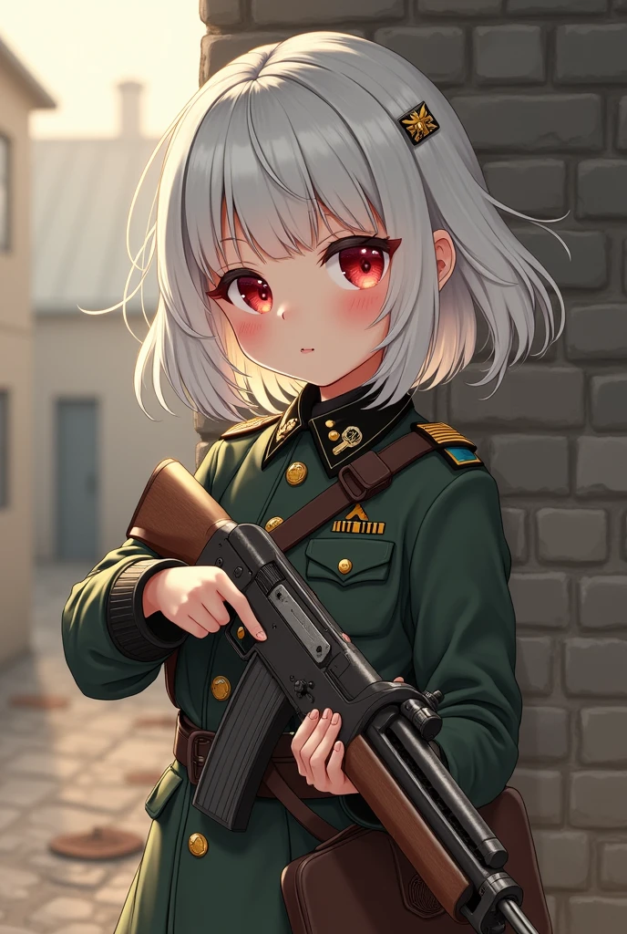 masterpiece, kawaii, adorable girl, red eyes, best quality, girl, short hair, medium breasts, white hair, german military uniform, world war one, mp18, old submachine gun, 1918 years, germany empire, germany before 1918