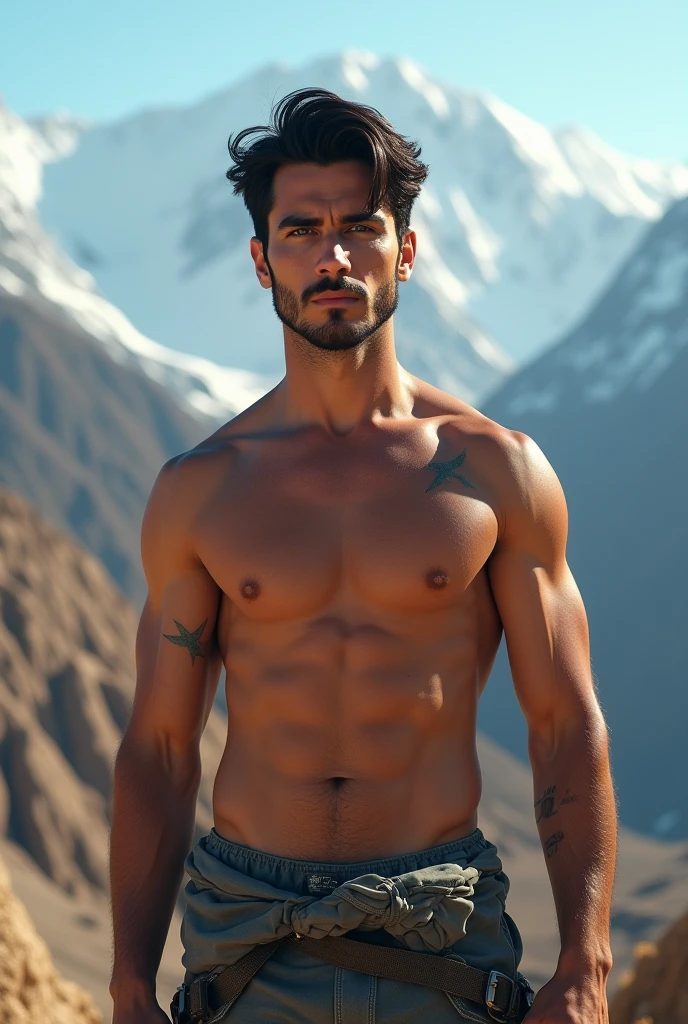 hot sexy Afghani man, shirtless, no beard, standing in the mountains, dramatic landscape, vibrant colors, detailed facial features, soft natural lighting, hyperrealistic, cinematic composition
