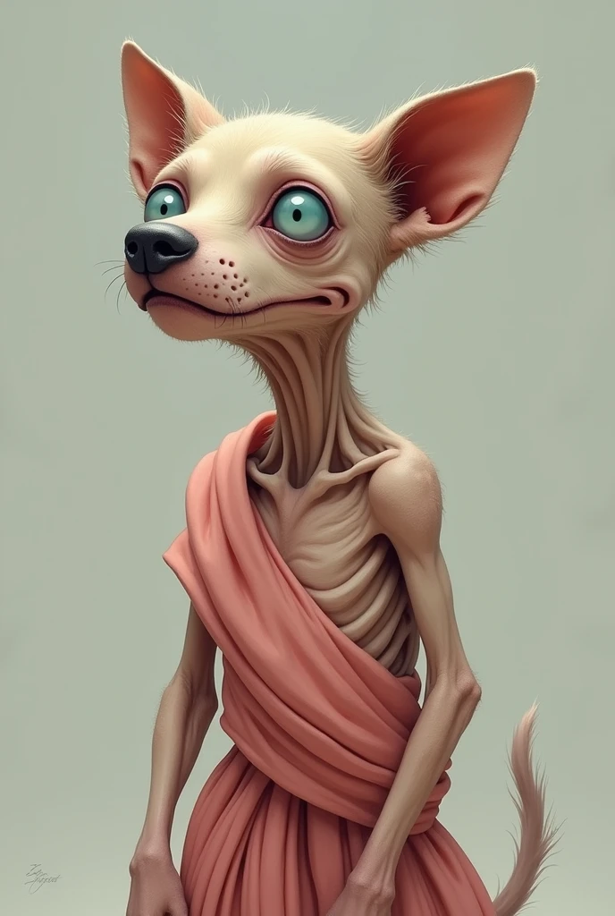 A dog with peach coloured skin and fur but the fur has worn due to disease and the bones can be seen as he is hungry from many months and a blue layer has formed on his eyes of age 15y
ears with no fur and side profile bones are more visible wearing pink saree small eyes



