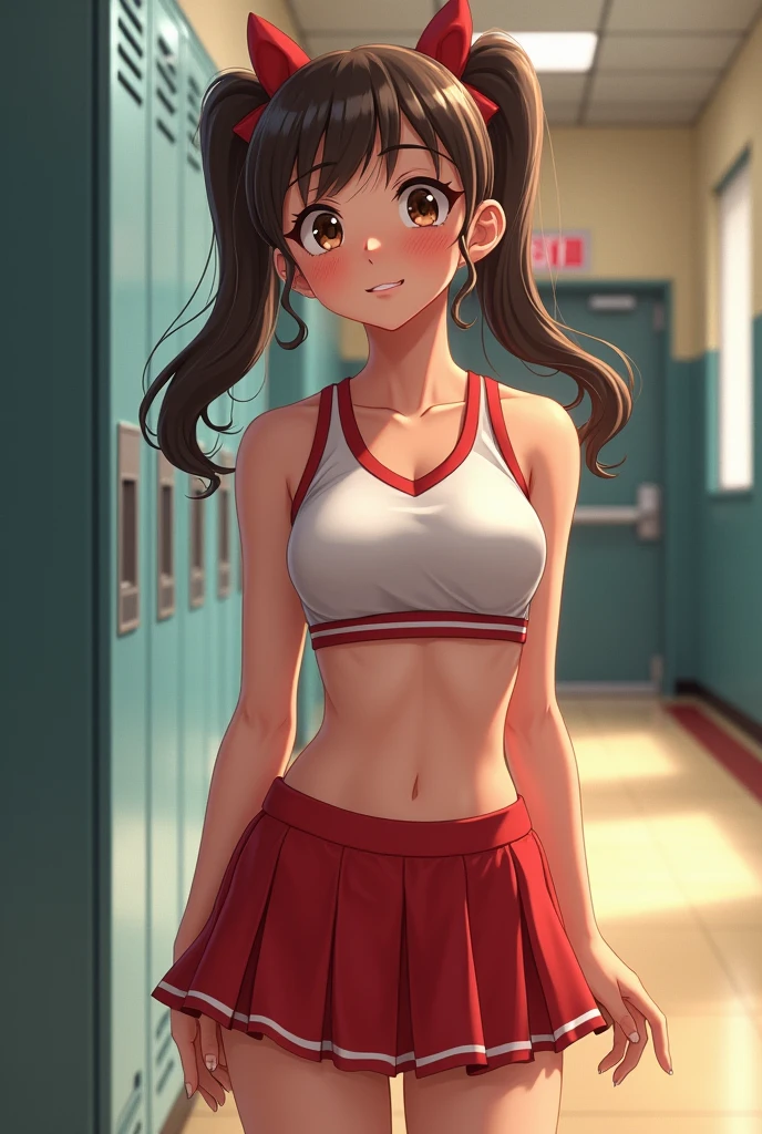 Cute cheerleader girl peeing her uniform