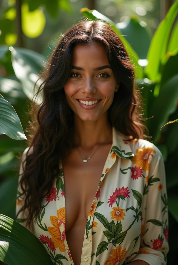 A Brazilian woman in a lush tropical garden, wearing an open shirt with a floral print, with a close-up capturing the harmonious beauty between her breasts and the natural flowers, showing off your natural charm and outgoing personality.