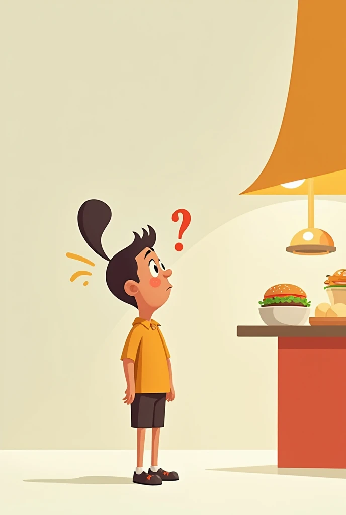 A person thinking about what to eat, looking at the top right corner, cartoon, for a food advertisement


